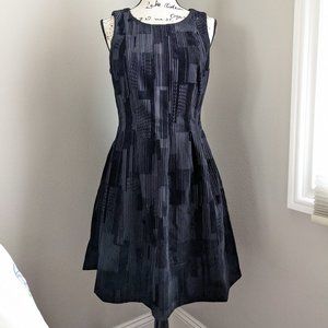 NEW Calvin Klein black velvet stripe geometrical fit n' flare dress with pockets